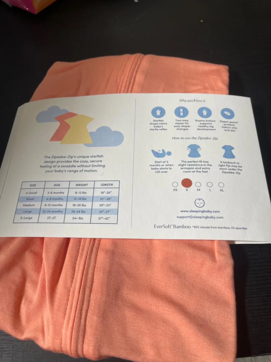 Sleeping Baby Zipadee-Zip svøb XS bambus peach fuzz 0,2 TOG